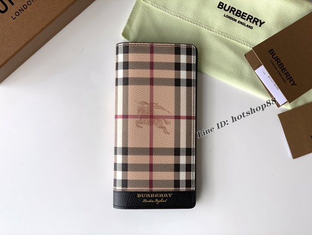 Burberry專櫃新款男士長夾錢包 巴寶莉Haymarket格紋拼皮革長款二折包 yxb1018